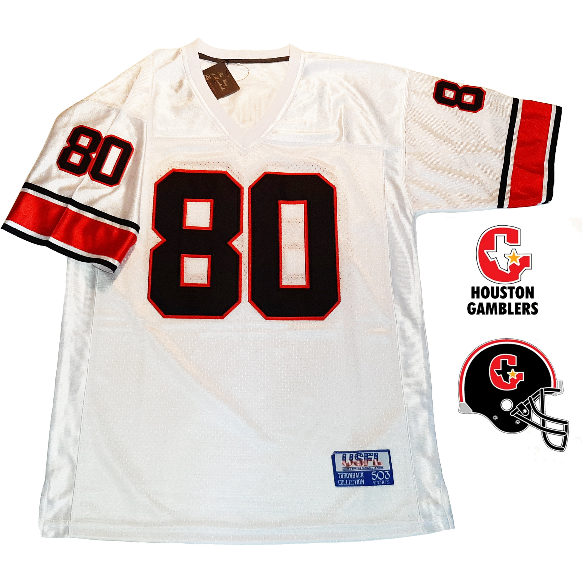 Ricky Sanders #80 Houston Gamblers USFL football Jersey white. Thin black, white, thick red, thin white, black bands at sleeve ends. #80 in black with red trim large on chest small on sleeves.  Royal Retros