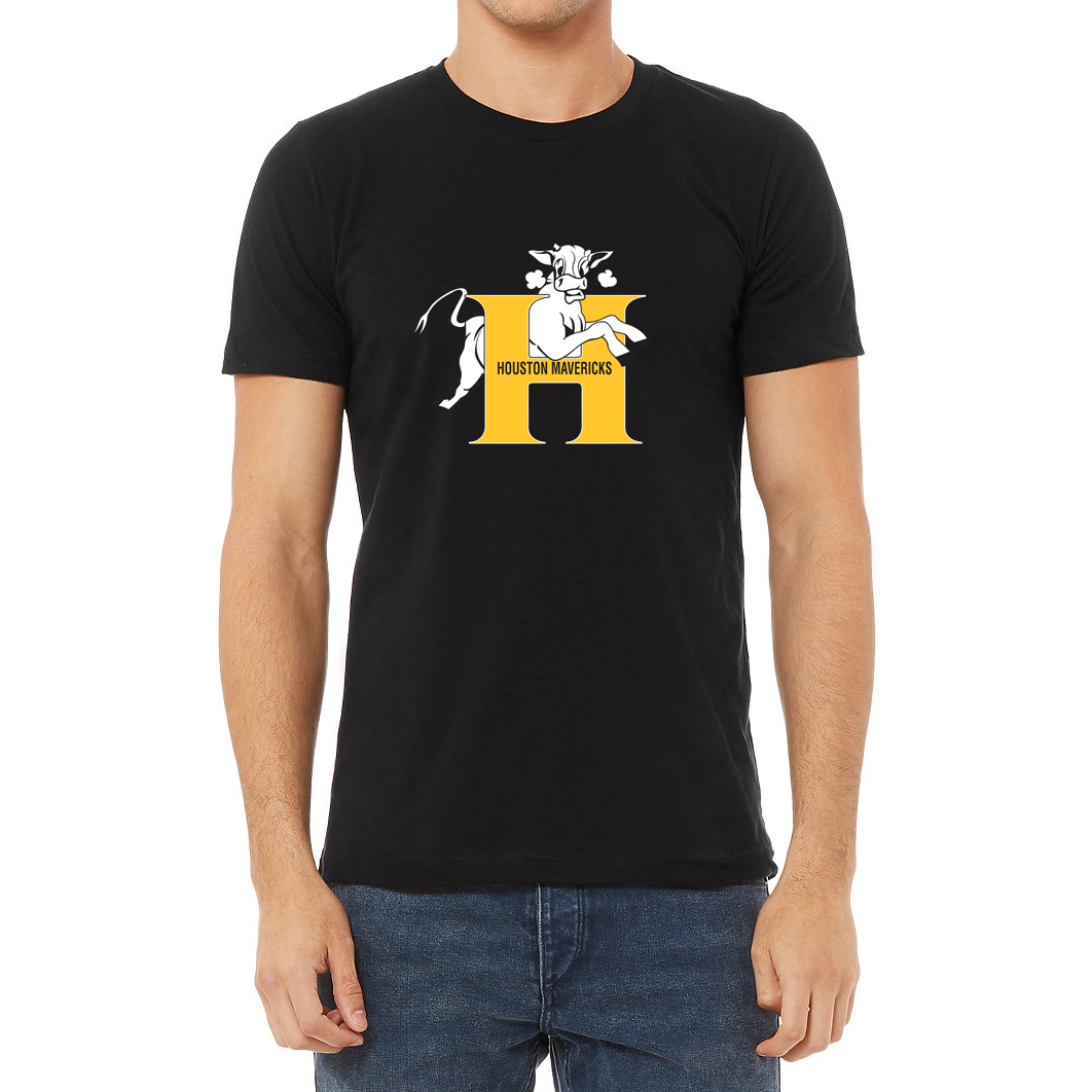 Houston Mavericks T-Shirt black. White steer leaping through a gold H. "Houston Mavericks" on crossbar of H. Royal Retro