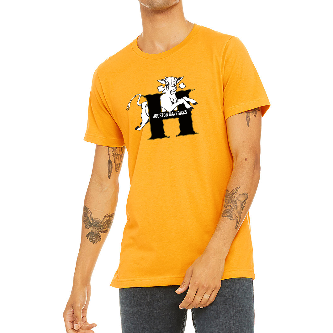 Houston Mavericks T-Shirt gold. White steer leaping through a black H. Houston Mavericks" on crossbar of H. Royal Retro