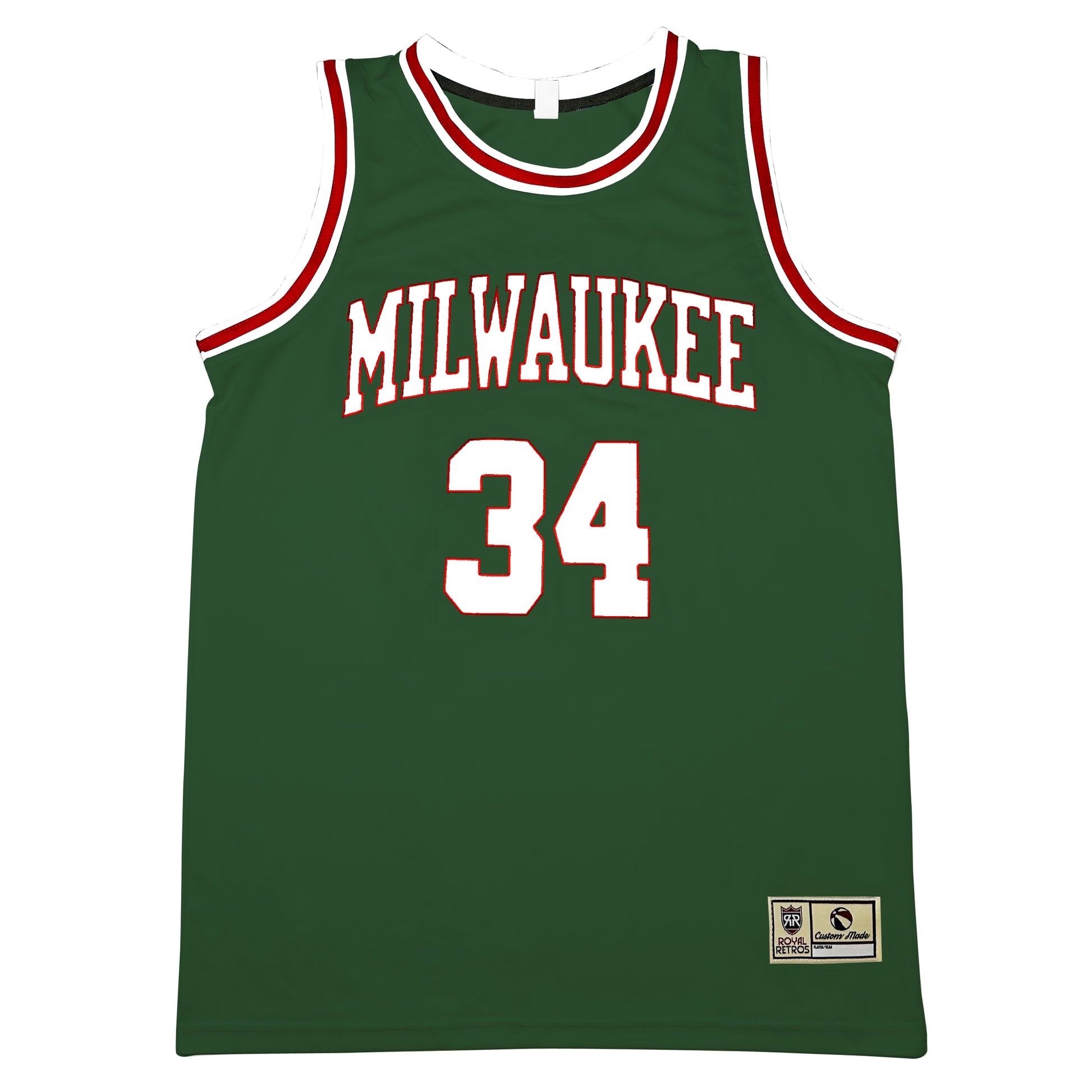 1975 Milwaukee Bucks basketball jersey. Green. Red, white, and red trim at shoulders and collar. Milwaukee in block text white with red trim.  #34 below center white with red trim. Royal Retros