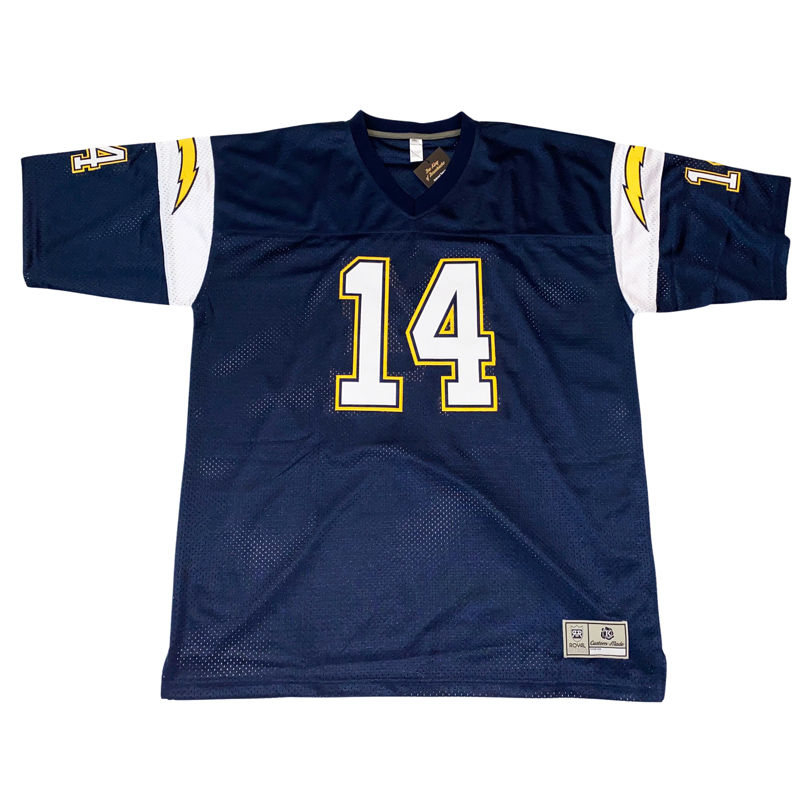 San Diego Chargers football jersey. Navy. White bands at shoulders with yellow lightning bolt. #14 in white with yellow trim large on chest small on sleeves.  Royal Retros