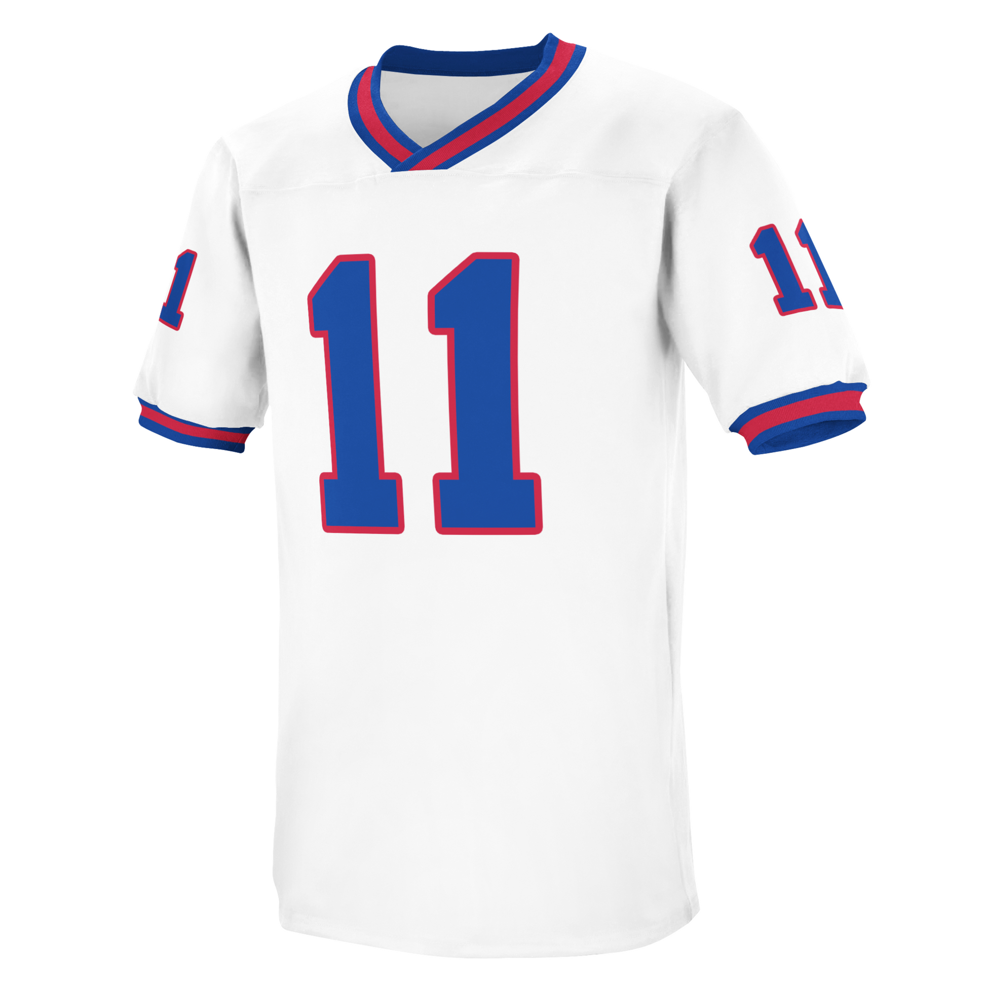 1990s era New York Giants jersey white with red and blue trim around neck and sleeves. #11 in blue trimmed with red on chest and shoulder. Royal Retros