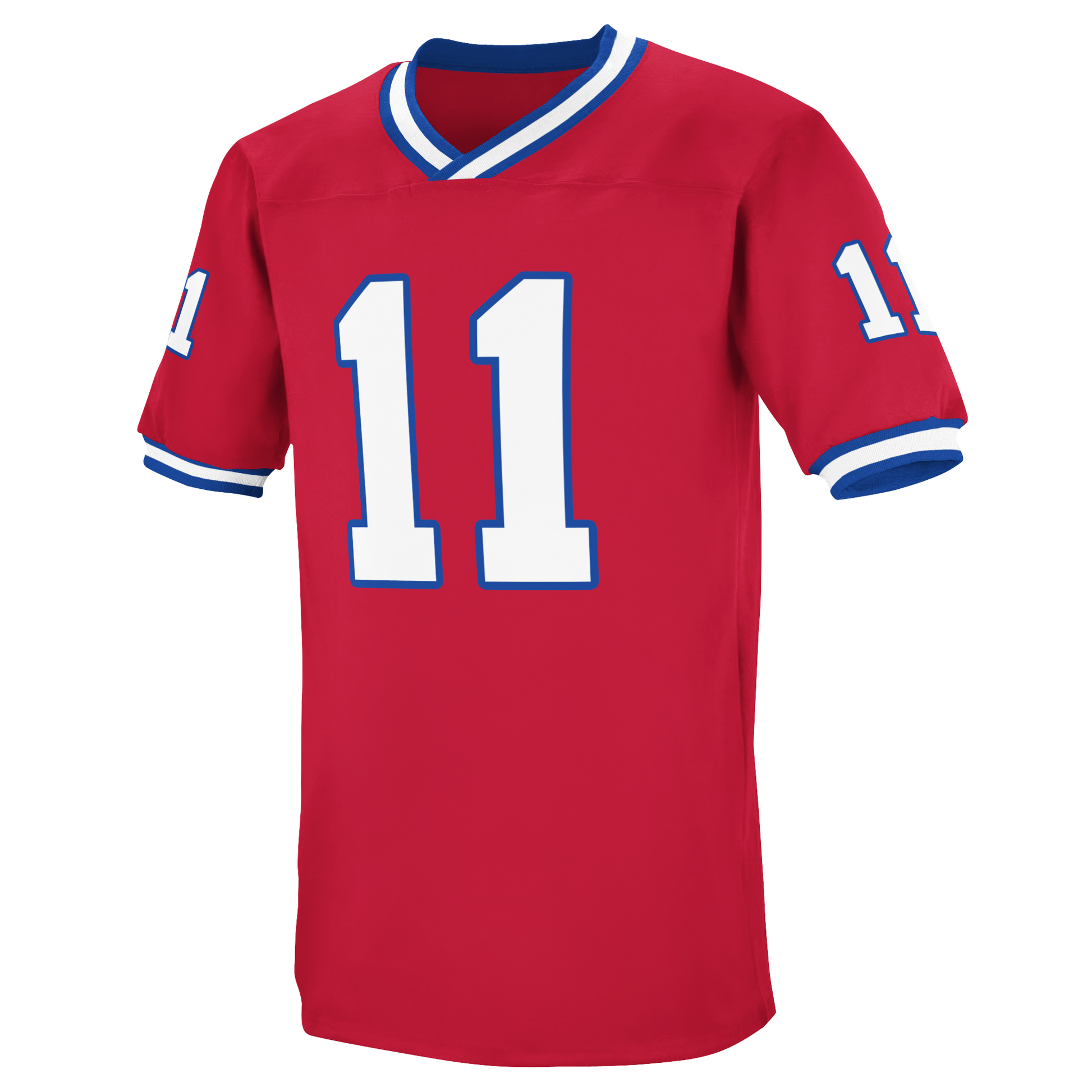 1990s era New York Giants football jersey. Red with blue and white trim on neck and sleeves. #11 in white with blue trim on shoulders and chest. Royal Retros