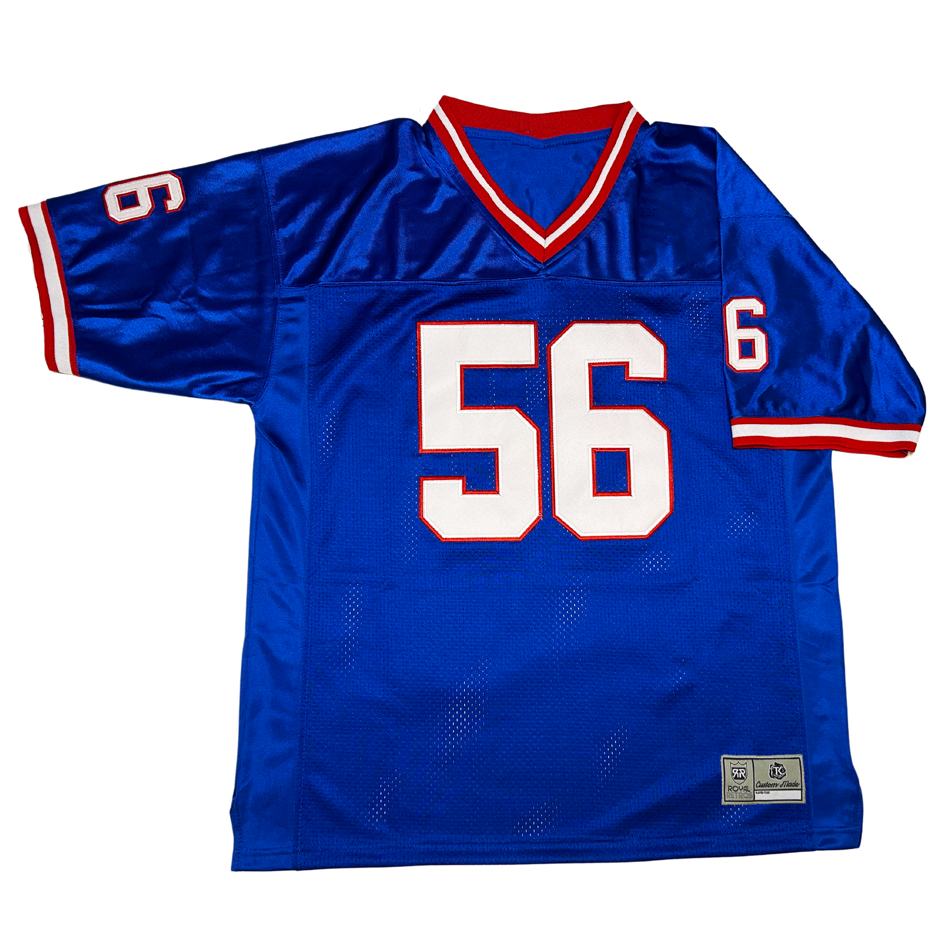 New York Giants football jersey. Blue with red and white trim on sleeves and neck. #56 in white with red trim om chest and shoulders. Royal Retros