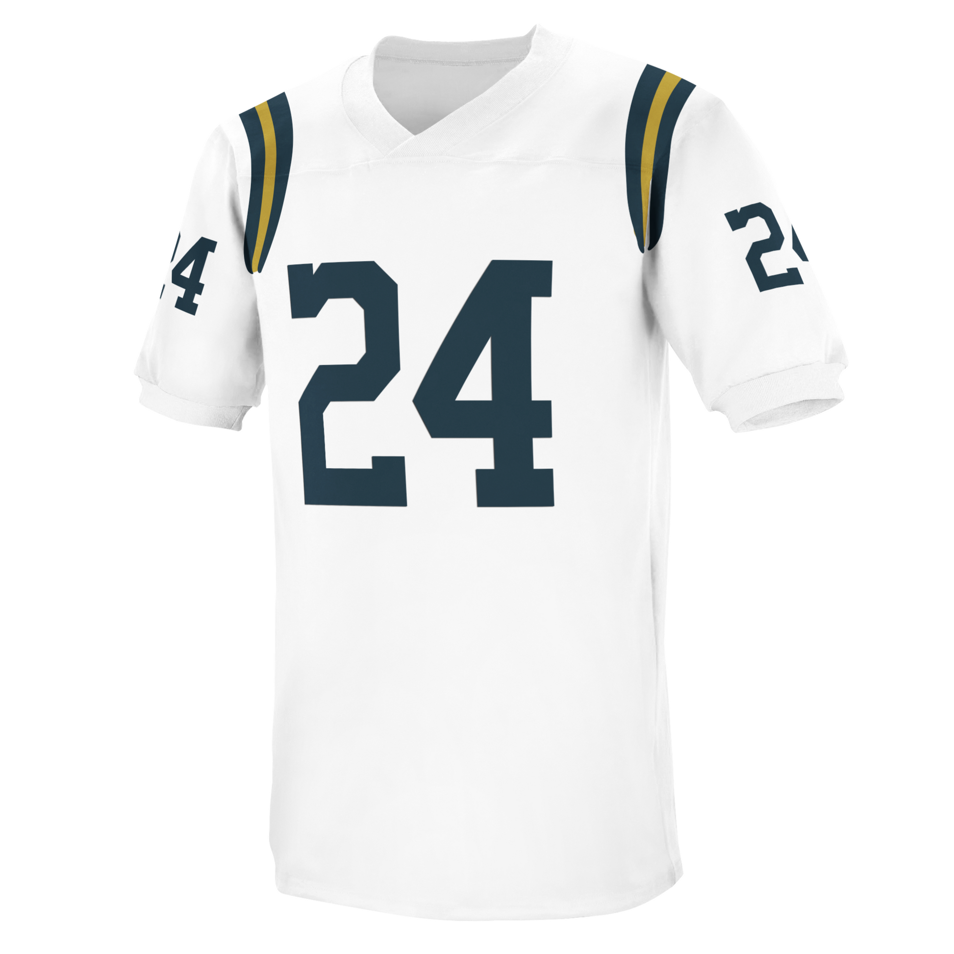 New York Titans jersey white. Blue gold and blue bands at shoulders. #24 in navy large on chest, small on sleeves. Royal Retros