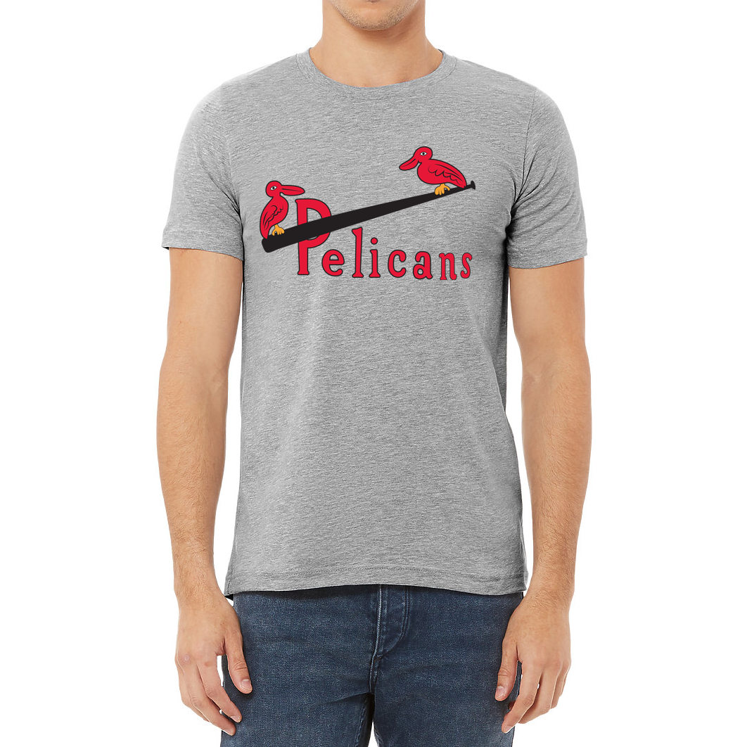 New Orleans Pelicans baseball T-shirts. "Pelicans" in red with large "P." Angled black bat angled through top of "P" with red pelicans with yellow feet on either end of bat. Royal Retros. 