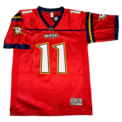 Orlando Rage XFL Jersey red. Blue collar. Blue, gold, blue bands at shoulders. Blue trim on sleeve ends. White R with bolts shooting off on sleeved. RAGE in white with yellow bolts bursting small above large #11, white with blue and gold trim. Small #11 on each shoulder. Royal Retros