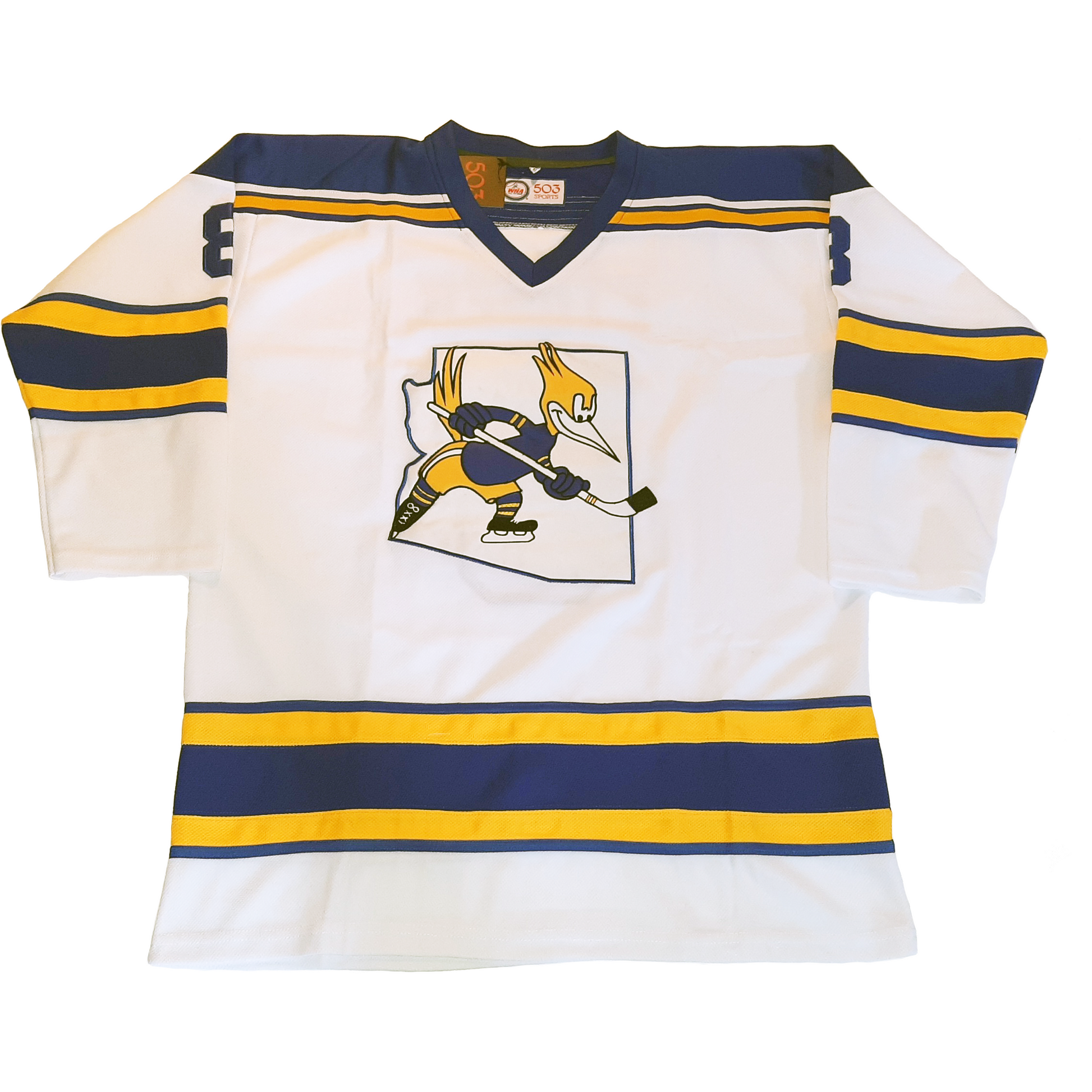 Phoenix Roadrunners Jersey white. Blue and gold bands on sleeve and waist. Logo of roadrunner holding hockey stick over outline of Arizona. Royal Retros