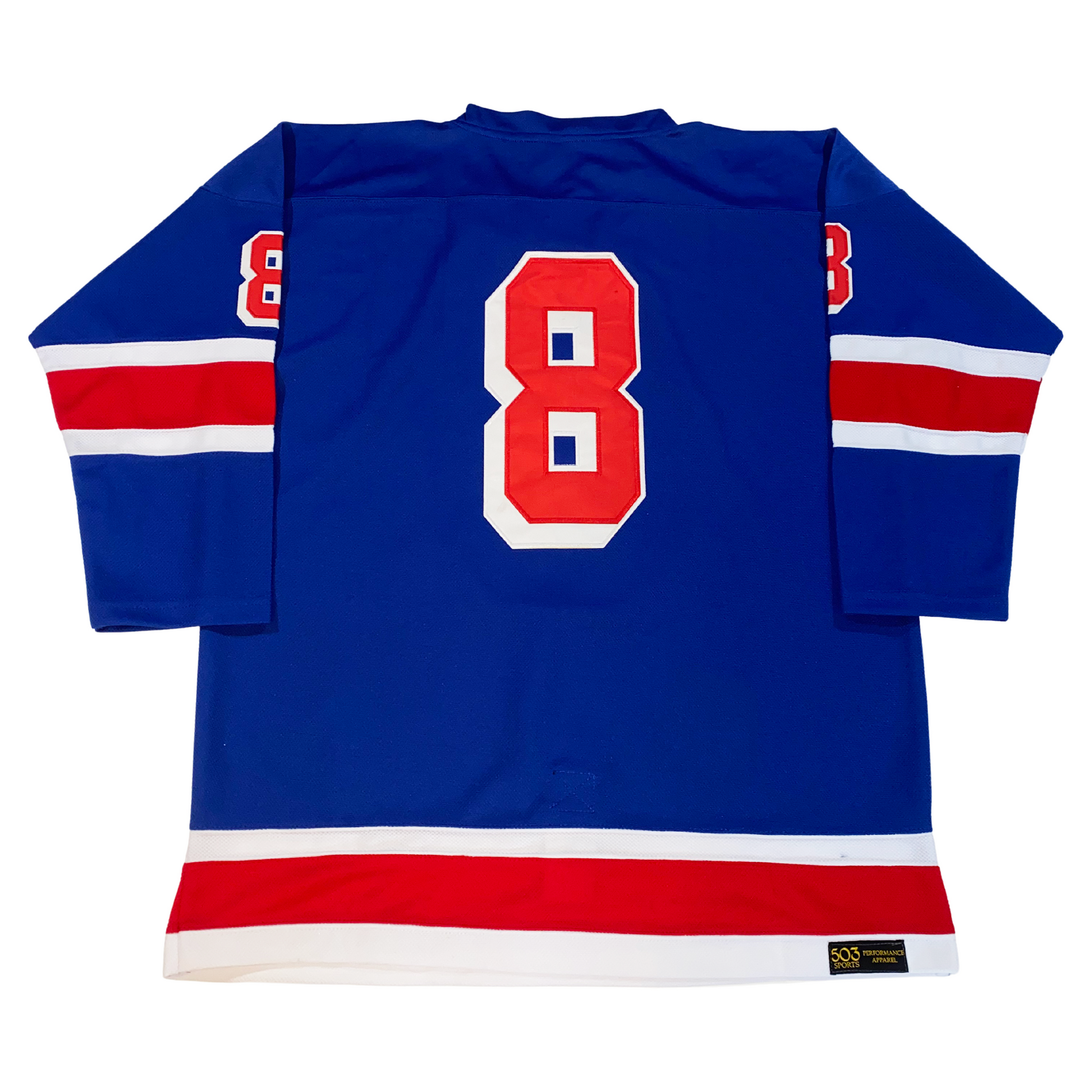 Providence Reds hockey jersey. Blue. White, red, white bands mid-sleeved and at waist. . #8 red with white trim on shoulders, small, and large on chest. Royal Retros