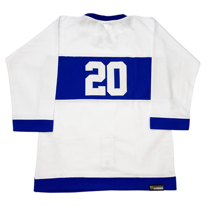 Quebec Bulldogs Jersey white back; #20 in white inside blue rectangle on back. Blue collar, sleeve ends and waist.  Royal Retros