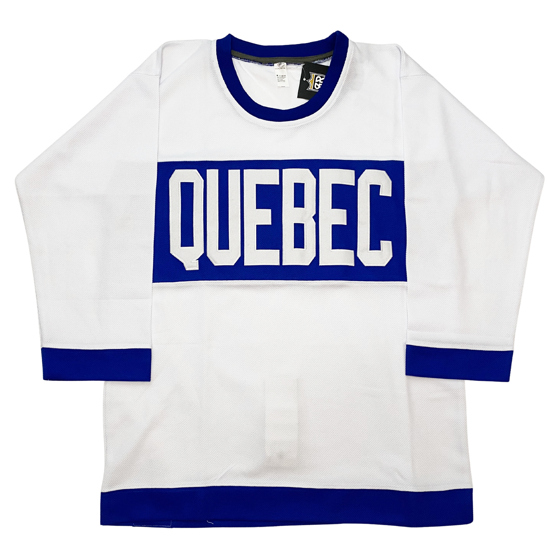 Quebec Bulldogs hockey Jersey front.  White. Blue collar, sleeve ends, and waist. Large blue rectangle with QUEBEC in white inside. Royal Retros