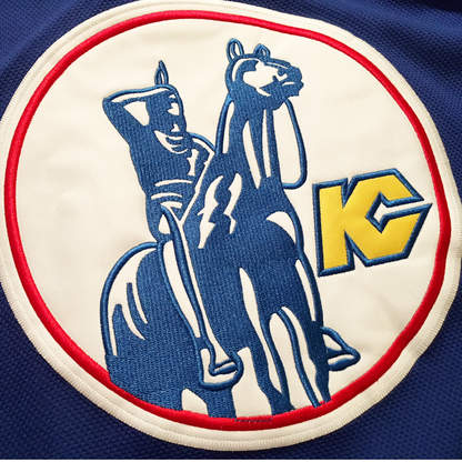Kansas City Scouts Jersey Close-up crest Royal Retros