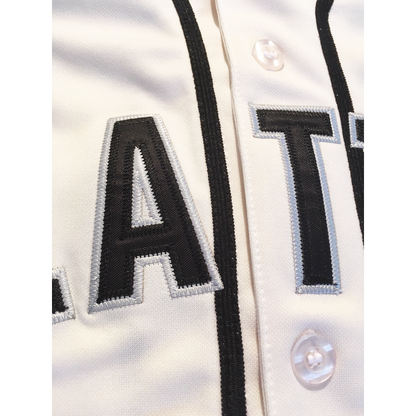 Seattle Steelheads Jersey close-up of navy lettering on white with navy piping Royal Retros