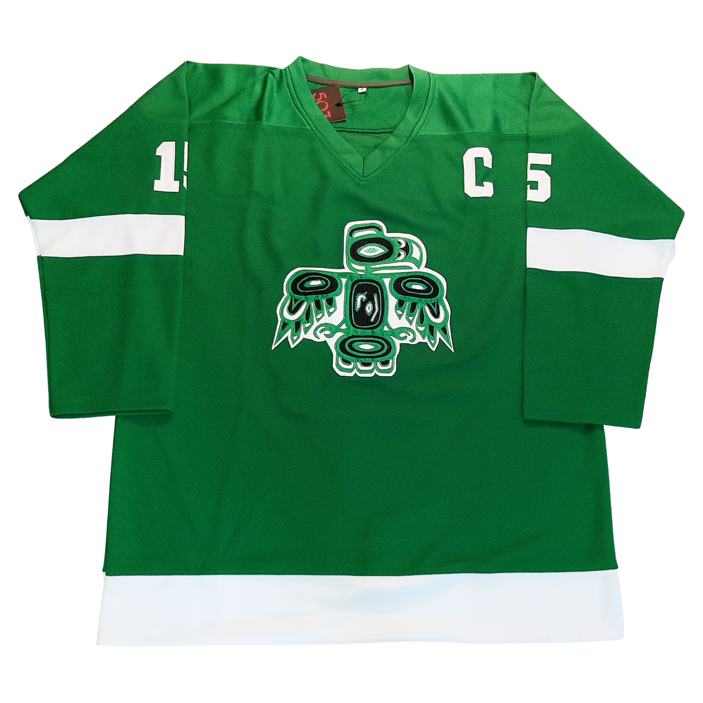 Seattle Totems Jersey green. White band in middle of sleeves. Thunderbird totem logo with white and black elements on chest. Captain's C on upper chest. #15 in white on sleeves. Royal Retros