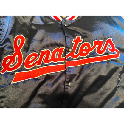 Senators Jacket close-up Senators in red script with white trim Royal Retros