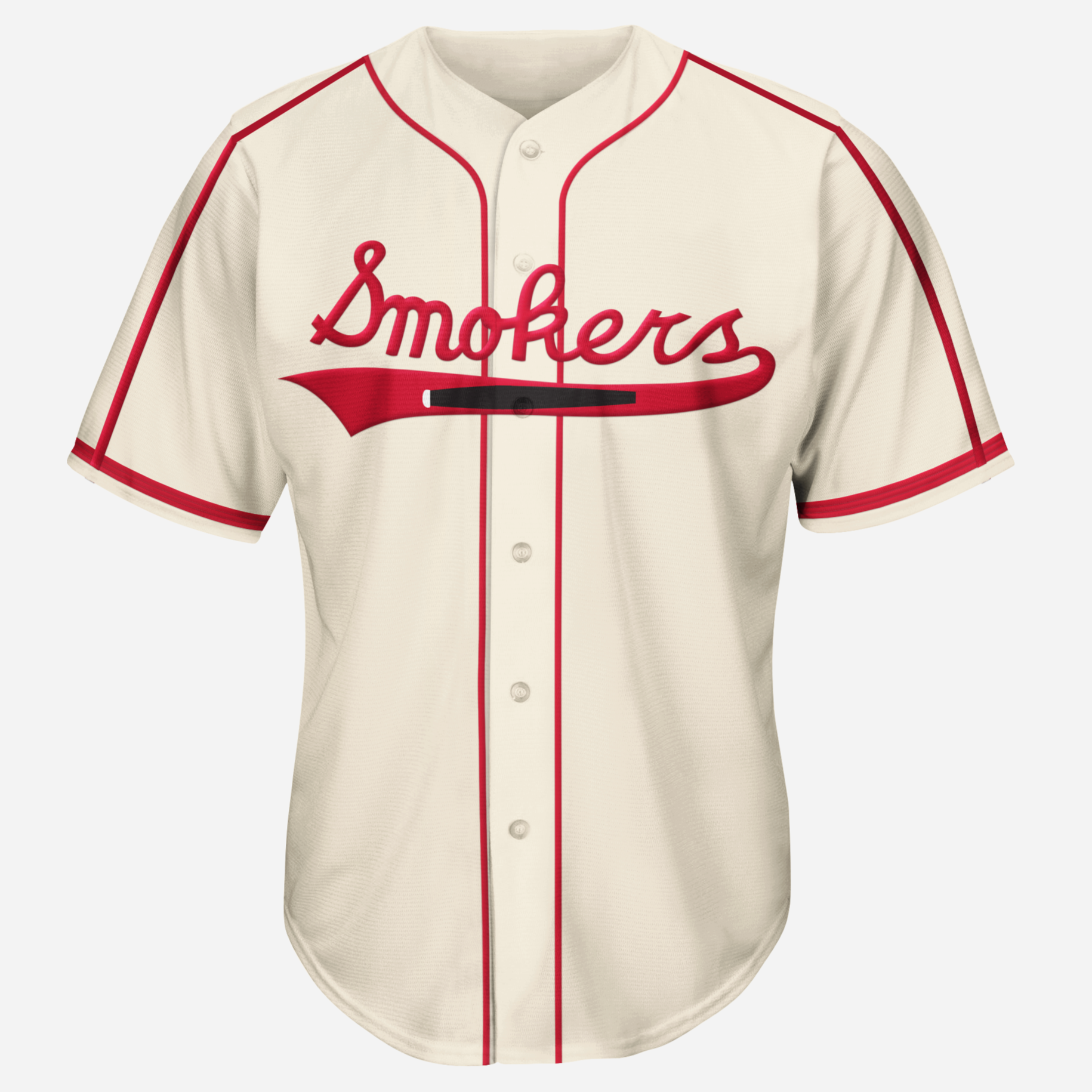 Tampa Smokers button-up baseball  jersey. White. Thin red trim around sleeve ends, down middle of sleeves and down front on either side of buttons. Stylized script Smokers in red, with banner underneath, with blue cigar inside. Royal Retros