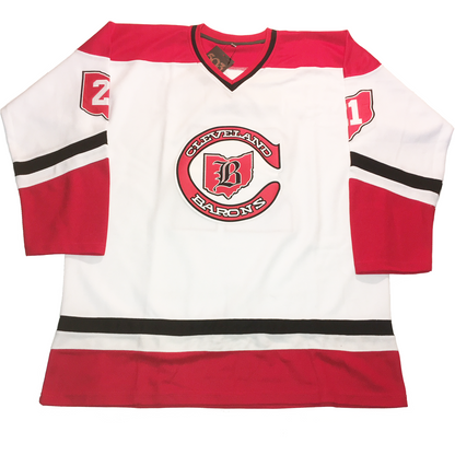 Cleveland Barons Jersey white with black and red trim #21 inside Ohio on upper sleeves Maruk white front Royal Retros